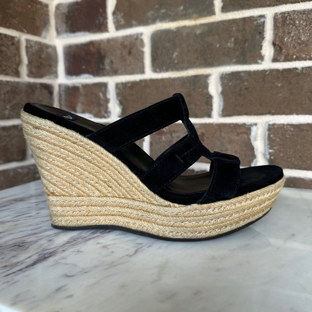 UGG Tawnie Espadrille Platform Wedge Suede Leather Black Slip-on Sandals Sz 9